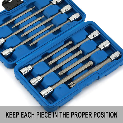 12 Piece 3/8 Inch Drive Extra Long Torx Bit Socket Set With CR V Chrome Vanadium And S2 Steel Bits in open blue case
