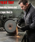 Worker using 8 Inch Nylon Fiber Buffing Wheel Extra Thick 180 Grit Silicone Carbide Burnishing Wheel on metal part in workshop
