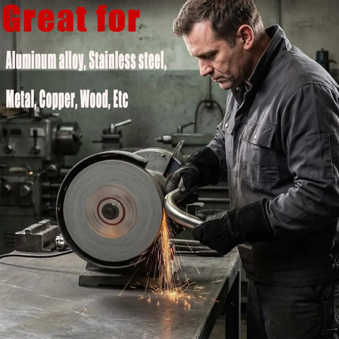 Worker using 8 Inch Nylon Fiber Buffing Wheel Extra Thick 180 Grit Silicone Carbide Burnishing Wheel on metal part in workshop