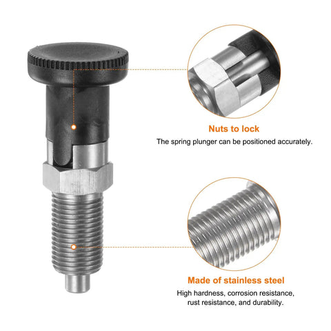Real Deal Drop Dead Durable Stainless Steel Push Fit Ball Nose Spring Plunger M16 X 1.5 with lock nuts and threaded shaft.