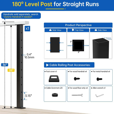 180° level post for straight runs, 36 Inch Modular Swageless Cable Railing Post Crafted From Tough T304 Stainless Steel With A Fly Matte Black Coating.