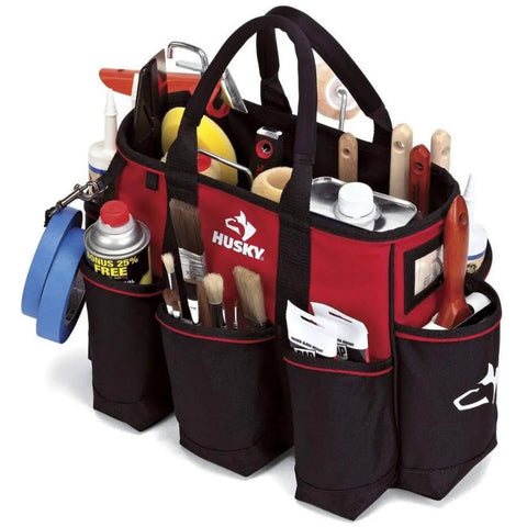 Heavy Duty 14 Inch Supply Bag With Rugged Construction And Water Resistant Exterior, showing tools and easy access lid