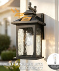 Luminzone Outdoor Light Fixtures Wall Mount Solar Lantern, Vintage Dusk to Dawn Wall Sconce with Remote Control & LED Bulb, Waterproof Exterior Wall Light for Porch Patio Courtyard Doorway 18'' mounted on wall, showing solar panel