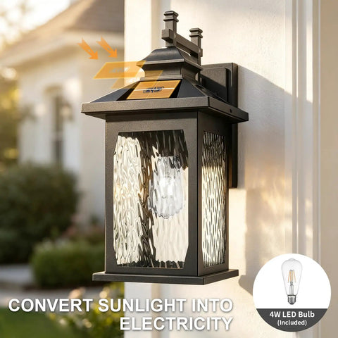 Luminzone Outdoor Light Fixtures Wall Mount Solar Lantern, Vintage Dusk to Dawn Wall Sconce with Remote Control & LED Bulb, Waterproof Exterior Wall Light for Porch Patio Courtyard Doorway 18'' mounted on wall, showing solar panel