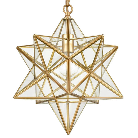 Moravian Star Pendant Light In Brass With Clear Glass Shade, 15 Inch Modern Transitional Fixture for Living Room