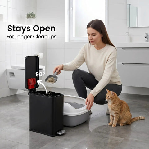 Woman using 3 Gallon 12 Liter Dog Poop Trash Can With Lid And AbsorbX Odor Filter For Outdoor Use Rust Proof Matte Black Stainless Steel Pet Waste Bin With Soft Close Step Pedal For Backyard Bathroom And Office in bathroom.