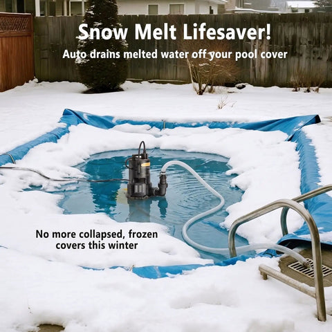 2 In 1 1/3 HP Automatic Pool Cover Pump With Submersible Design outside in snowy backyard draining pool cover