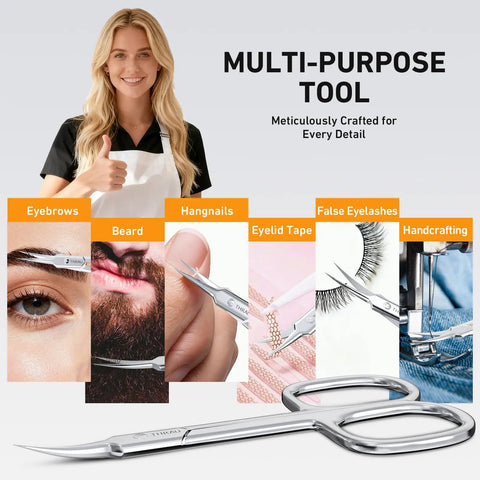 Pro Grade Extra Fine Cuticle Scissors With Curved Blade For Nails And Eyebrows in multi-use grooming display.