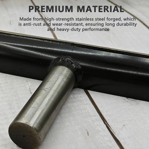 Close-up of a 12-inch lathe tool rest with a stainless steel 1-inch post attached to a black mounting bar.