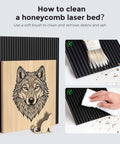 Cloudray black 400x400mm honeycomb laser bed panels, set of 4, for desktop CO2 laser engraver.
Close-up of black honeycomb laser bed being cleaned with a brush.
Hand wiping the black honeycomb laser bed surface with a cloth.