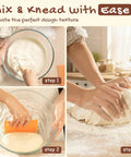 All In One Sourdough Starter Kit With Round And Oval Banneton Baskets Bread Sling Starter Jar Dough Whisk Scrapers Stencils Cooling Rack Bags And More For Easy Pro Level Home Bread Baking instructions for mixing and kneading dough in glass bowls
