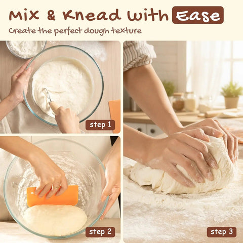 All In One Sourdough Starter Kit With Round And Oval Banneton Baskets Bread Sling Starter Jar Dough Whisk Scrapers Stencils Cooling Rack Bags And More For Easy Pro Level Home Bread Baking instructions for mixing and kneading dough in glass bowls