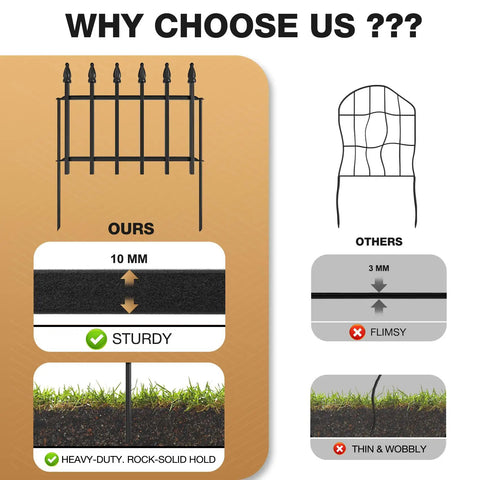 Comparison image showing Heavy Duty Decorative Garden Fence Set, 10 Ft Long By 19 In High, 7 Panels solid structure vs flimsy alternative