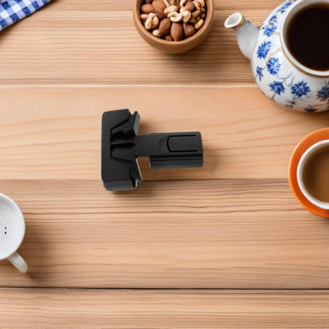 Kid Safe Refrigerator Locks 4 Pack No Tool Needed Quick Install Black ABS Material on wooden table with tea set and nuts