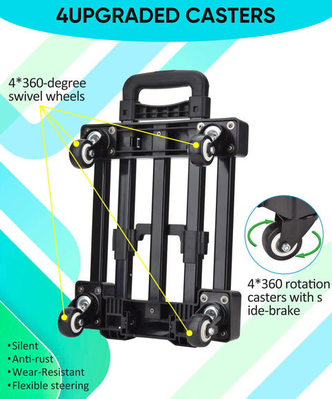 Heavy Duty Folding Hand Truck With Four Smooth Rollin Casters And Bungee Straps, Portable Luggage Cart Holds Two Hundred Pounds, Flips Flat For Tight Trunk Fits And Makes Back Savin Hauls A Total Cinch In Black