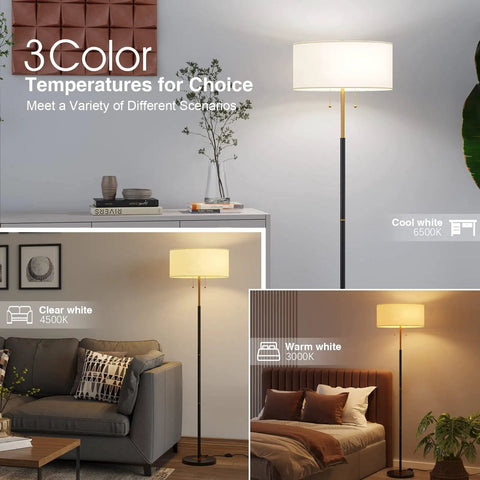 Two Light Floor Lamp With White Fabric Shade, Mid Century Tall Standing Lamp in living room, adjustable 3 color temperatures.