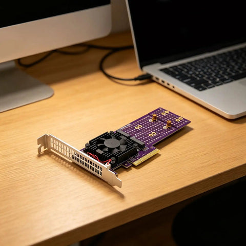 Kickstart Desktop Upgrade With This Dual Bay M.2 NVMe Enclosure Feature PCI Express 4.0 Riser Card on a wooden desk.