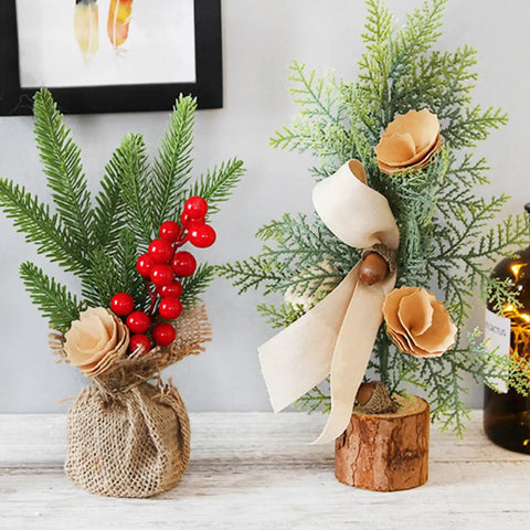 Two of the Three Piece Tabletop Christmas Tree Set Ready To Display Mini Artificial Xmas Trees Nine Point Eight Four Inches Tall