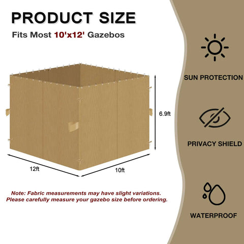 Deck Ready Privacy Curtains For 10 By 12 Foot Replacement Panels Waterproof Windproof With Four Zippered Sidewalls For Patio Canopy Outdoor Garden Backyard Khaki showcasing dimensions for 10'x12' gazebos.