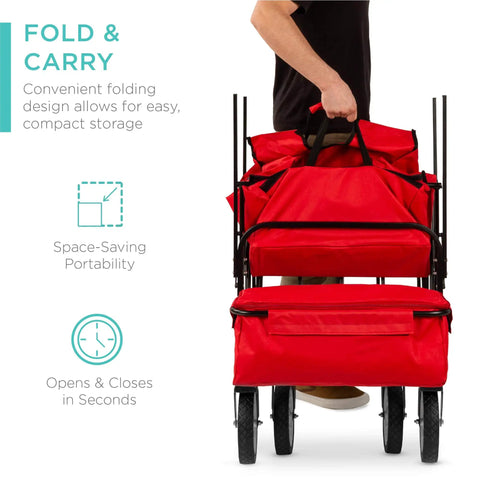 Person folding red foldable outdoor utility wagon with canopy for beach, picnic, camping, tailgates removable shade, 150 lb capacity.