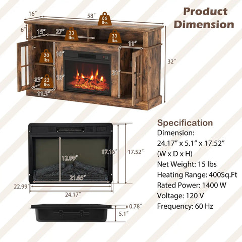 Dimensions of Electric Fireplace TV Stand For 65 Inch TVs With 23 Inch Fireplace Insert, including 58-inch wide media console.