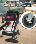 Front view of a shop vacuum with four 4-inch rubber caster wheels; inset shows a caster with side brake.