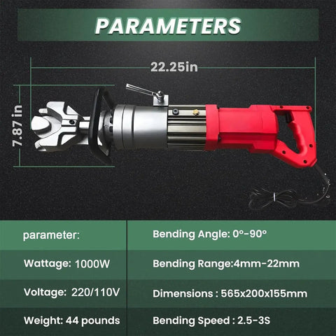 Smooth Operator 1150W Portable Hydraulic Rebar Bender showing dimensions and specifications for easy understanding.