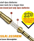 End Barrel Laser Bore Sight For .22LR And .223 Rem, brass body, showing battery installation with Class IIIa Red Laser detail
