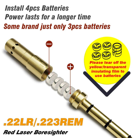 End Barrel Laser Bore Sight For .22LR And .223 Rem, brass body, showing battery installation with Class IIIa Red Laser detail