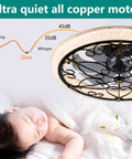 Arranmorelighting Caged Ceiling Fan with Lights Remote Control (#3) above sleeping baby, showcasing its quiet operation.