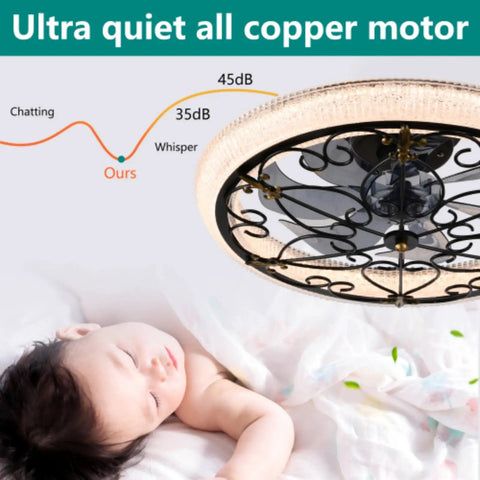 Arranmorelighting Caged Ceiling Fan with Lights Remote Control (#3) above sleeping baby, showcasing its quiet operation.