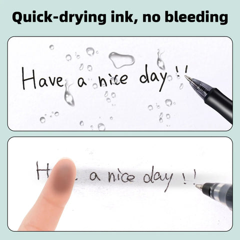 "Have a nice day" written with Bulk Gel Pens 0.7mm Retractable Black Ink Set showing no smudge under water droplets