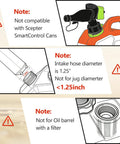 Warnings for 5GPM Cordless Fuel Transfer Pump With Auto Stop And Hand Nozzle incompatibilities: Scepter cans, hose diameter, oil barrel.
