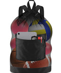 Beast Size Soccer Ball Bag With Dual Shoulder Straps And Top Handle Heavy Duty Mesh Gear Tote For Soccer Basketball Volleyball Baseball And Swimming Equipment 17 Inch By 27 Inch Carryall, showing front view with sports balls inside and front pocket holding tablet and accessories.