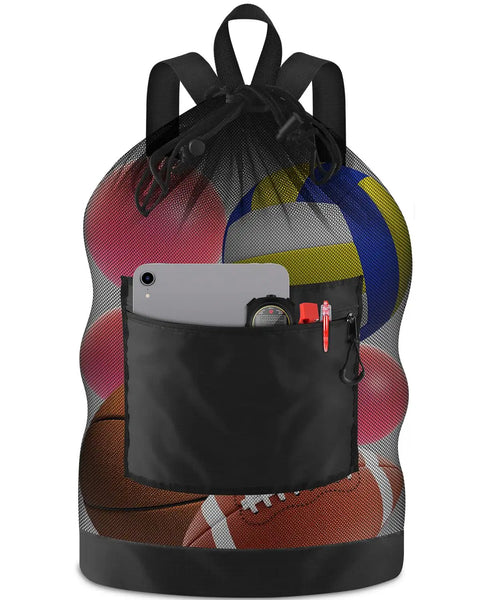 Beast Size Soccer Ball Bag With Dual Shoulder Straps And Top Handle Heavy Duty Mesh Gear Tote For Soccer Basketball Volleyball Baseball And Swimming Equipment 17 Inch By 27 Inch Carryall, showing front view with sports balls inside and front pocket holding tablet and accessories.