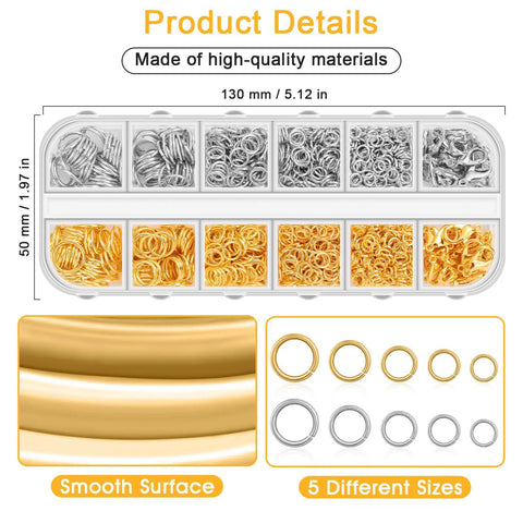 Jump Ring Jewelry Making Kit With 1200 Silver And Gold Rings Pliers Tweezers Opener And Brass Ring Tools For Necklace Repairs And DIY Jewelry Projects with rings in assorted sizes.