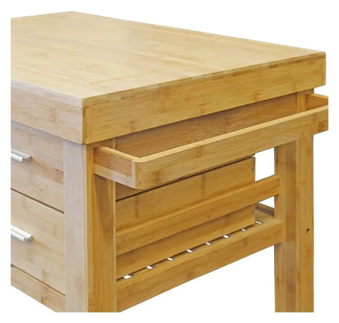 Slick Rolling Kitchen Island Cart With Thick Butcher Block Top Deep Storage Drawers Roomy Open Shelves Handy Towel Rail And Smooth Glide Locking Casters For Stress Free Hosting Prep