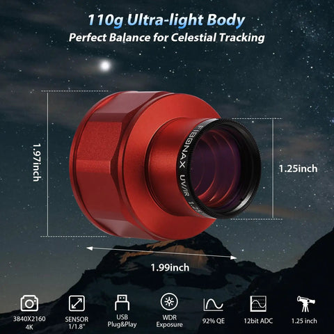 4K Telescope Camera For Beginners 8MP USB Astronomy Camera with 1.25 Inch Electronic Eyepiece, red body, over starry sky.
