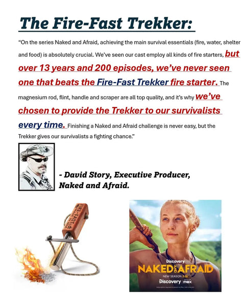 Testimonial for All Weather Survival Fire Starter including image of burning fire starter and David Story from Naked and Afraid