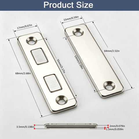 Heavy Duty 4 Pack Magnetic Door Catch Sliding Wardrobe Cabinet Latch With Dual Magnet Core Invisible Design dimensions showing size and shape