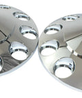 Beefed-Up Chrome ABS Front Hub Caps Kit For Semi Trucks, 2 Front Spiked Axle Covers on display, polished chrome finish