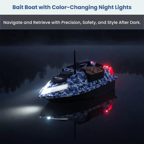 Bait Boat With Depth And Temp Sensor, GPS Range Up To 546 Yds, Three Independent Bait Tanks, auto return, night lights on water