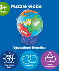 Hands On 3D Puzzle Globe For Kids Learn World Geography with color coded continents and educational benefits icons visible.