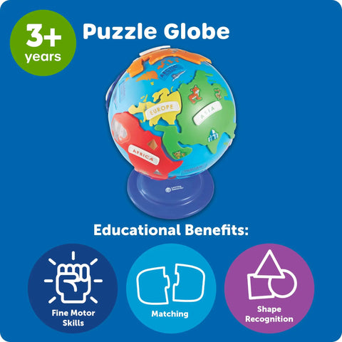 Hands On 3D Puzzle Globe For Kids Learn World Geography with color coded continents and educational benefits icons visible.