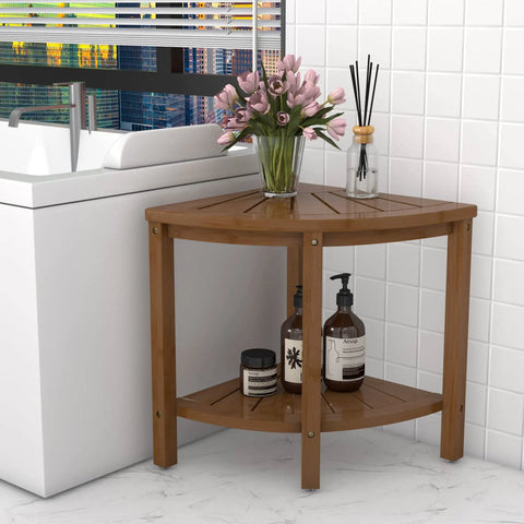 Bamboo Corner Shower Stool With Waterproof Bench And Storage Shelf No Fuss Walnut Finish Ideal Seat For Shaving Legs Bathroom