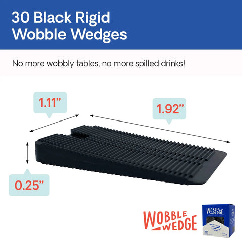 Rigid Black Plastic Shim Wedges For DIY Home Improvement And Furniture Leveling Versatile Spacers That Fix Wobbly Tables Beds Desks Toilets Cabinets And More Easy Install Made In USA 30 Pack with dimensions shown.