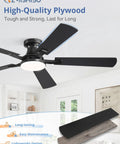 52 Inch Ceiling Fan With Light And Remote App Control Room Ready Low Profile Flush Mount Dimmable 20W LED Light Black