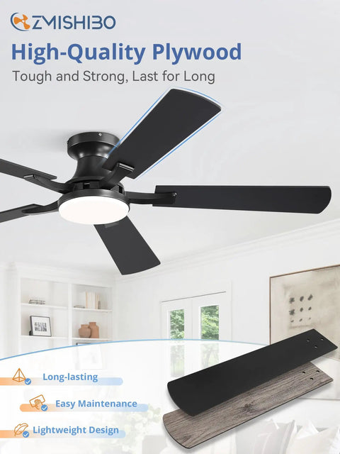 52 Inch Ceiling Fan With Light And Remote App Control Room Ready Low Profile Flush Mount Dimmable 20W LED Light Black