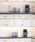 Before and after using Hide Bulky Cords With A Flat Outlet Concealer And 3 Foot Extension Cord Kit in a kitchen setting