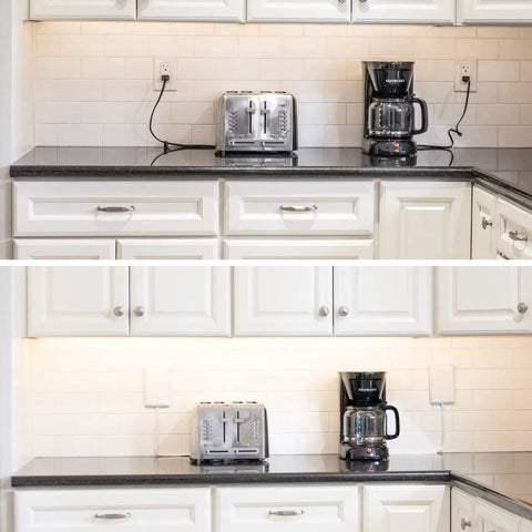 Before and after using Hide Bulky Cords With A Flat Outlet Concealer And 3 Foot Extension Cord Kit in a kitchen setting